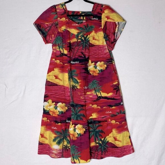 Vintage Alm Fashions Hawaii Red Tropical  Short Floral Mumu Dress L - Picture 14 of 14